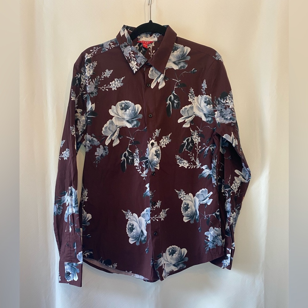 Guess Men's Burgundy Floral Button Up  Shirt Medium Dark Cottagecore Office Goth